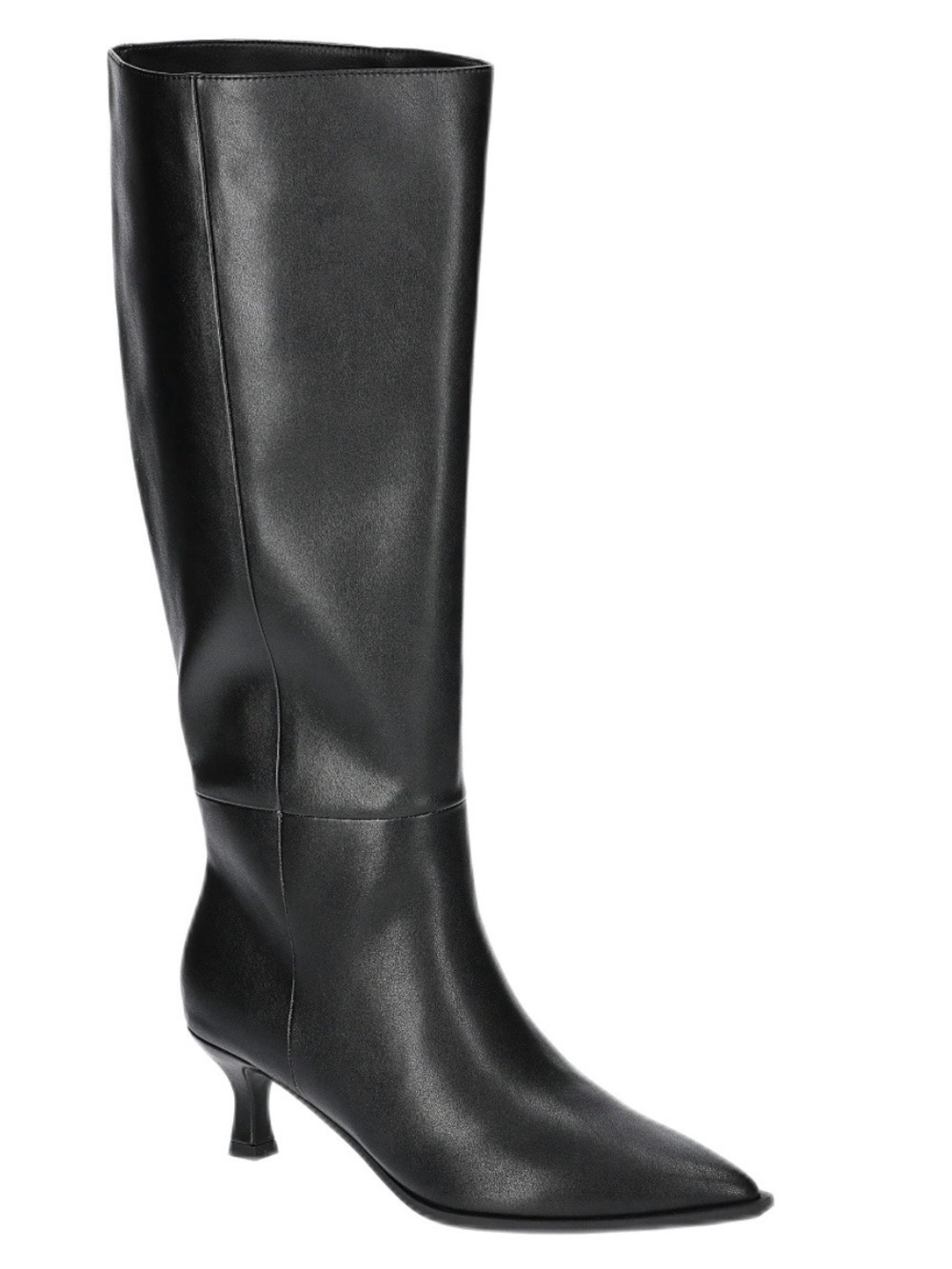 Black Knee-High Pointed Toe Kitten Heel Boot